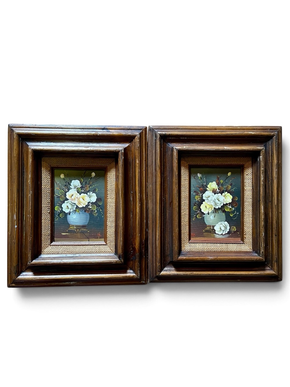 2x 1950s Vintage Hand painted Framed Floral Wall Art in Brown White and Yellow